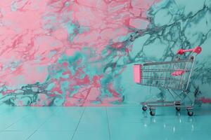 AI generated Shopping Cart in Front of Pink and Blue Wall photo