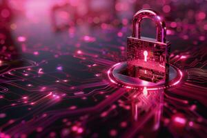 AI generated Padlock Securing Circuit Board With Pink Lights photo