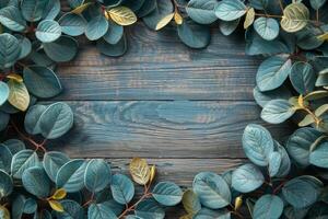 AI generated Green Leaf Wreath on Wooden Background photo