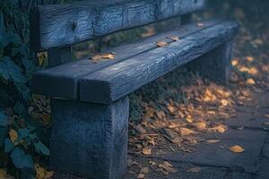 AI generated Weathered charm A rustic, aged wooden bench in serene simplicity photo