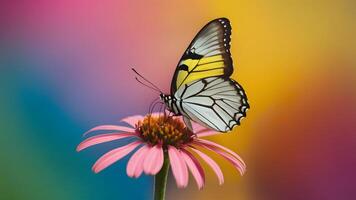 AI generated Summer butterfly sits atop flower against colorful background photo