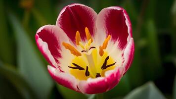 ai generado intrincado detalles de tulipán flor estambre y pistilo exhibido foto