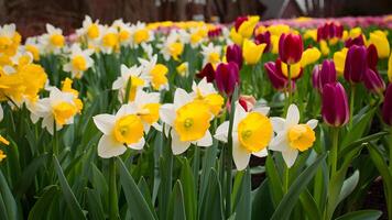 ai generado primavera flor cama con narcisos y tulipanes foto