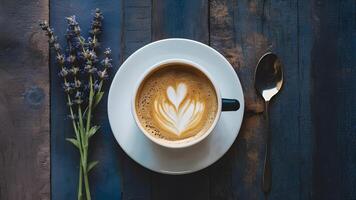 AI generated Cozy breakfast mockup with coffee, lavender flower, flat lay style photo