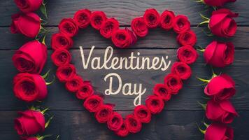 AI generated Valentines Day holiday red roses flower border over wood background photo