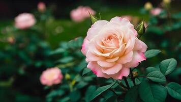 AI generated Beautiful rose flower blooming in summer garden, wide format banner photo