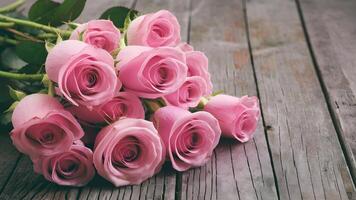 AI generated Image Valentines Day background with pink roses over wooden table photo