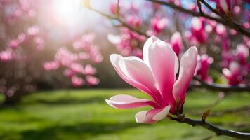 ai generado magnolia primavera floreciente jardín con Dom brillar, borroso naturaleza foto