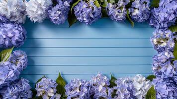 AI generated Blue hydrangea flowers arranged as floral border frame photo