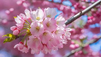 ai generado capturar cerca arriba de Cereza florecer árbol en rosado floración antecedentes foto