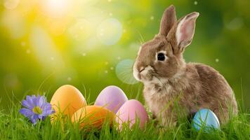 ai generado imagen de stock soleado Pascua de Resurrección antecedentes con conejito, huevos, flores, césped, y bokeh foto