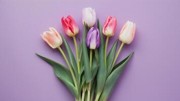 ai generado ligero púrpura antecedentes con ramo de flores de vistoso tulipanes foto