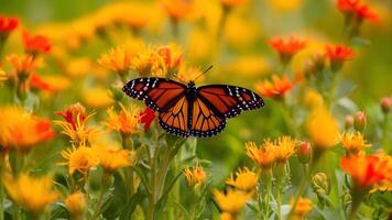 AI generated Monarch butterfly amidst bright summer flowers, macro artistic image photo