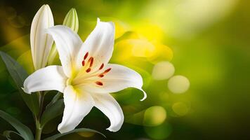 AI generated White lilium flower brings tranquility to spa design background photo