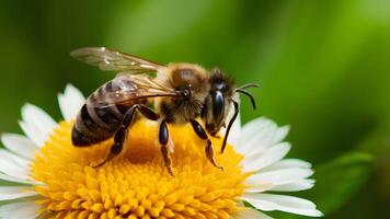 AI generated Blurry green background with macro shot of honey bee photo