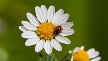 ai generado imagen tomado en verano patio de recreo con mariquita en manzanilla flor foto