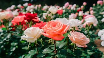 AI generated Shallow background of colorful roses in full bloom garden photo