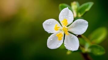 AI generated Jasmine flower with dew drops on blurred green background photo