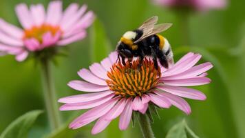 ai generado abejorro reúne polen en rosado flor en contra verano prado fondo foto