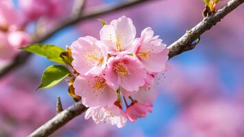 AI generated Soft background highlights closeup detail of pink cherry blossom flower photo