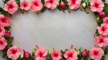 AI generated Textured background features sunlight kissed pink hibiscus flower border photo