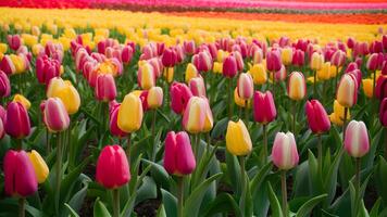 AI generated Picture Colorful tulip flowers create pattern on spring garden background texture photo