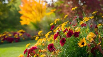 AI generated Fall garden park blurred background with beautiful autumn seasonal flowers photo