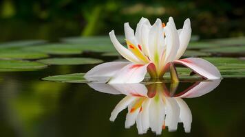 AI generated Picture Isolated background showcases white iris lily flower reflected in water photo