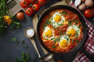 AI generated Shakshuka in skillet photo