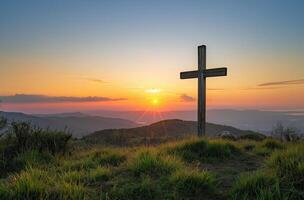 AI generated Sunset behind hilltop cross photo