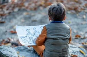 AI generated Boy with family drawing in autumn photo