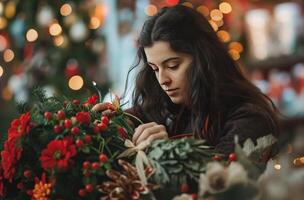AI generated Florist arranging holiday bouquet photo