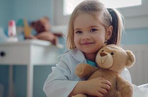 AI generated A child plays doctor with a bear photo