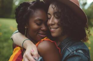 ai generado lgbt Pareja abrazando en naturaleza foto