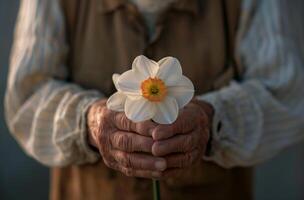 AI generated Elderly person holding daffodil photo