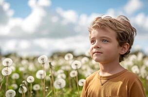 AI generated Boy in dandelion field photo