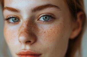 AI generated Close up young woman freckles photo