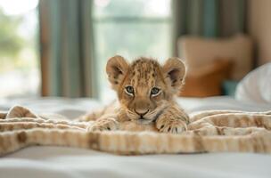 AI generated Lion cub on beige blanket photo