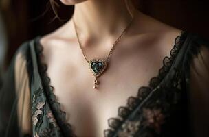 AI generated Vintage heart-shaped pendant on dress photo