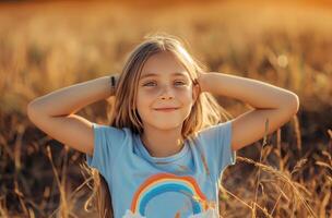 AI generated Girl smiling in golden field photo