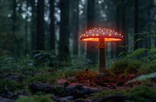 AI generated Illuminated LED mushroom in forest photo