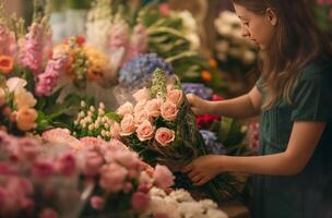 ai generado florista arreglando un Rosa ramo de flores foto