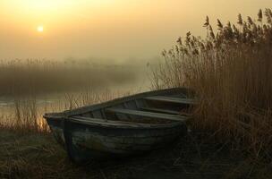 AI generated Sunrise over foggy reeds and boat photo