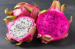 AI generated Dragon fruit halves on display photo