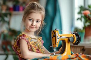 AI generated Girl with sewing machine photo