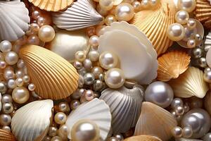 ai generado dorado perlas y conchas marinas fondo, dorado perlas y conchas marinas fondo de pantalla, dorado perlas fondo, dorado conchas marinas fondo de pantalla, ai generativo foto