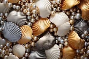 AI generated Golden pearls and seashells background, Golden Pearls and seashells Wallpaper, Golden Pearls Background, Golden Seashells Wallpaper, AI Generative photo