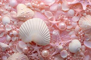 AI generated Pink Pearls and Seashells background, Pink Pearls and Seashells Wallpaper, Pink Pearls Background, Light Pink Seashells Wallpaper, AI Generative photo