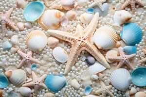 AI generated Seashells and Pearls Background, Seashells and Pearls Wallpaper, Pearls Background, Seashells Wallpaper, Seashells Pattern, AI Generative photo