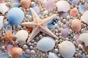 ai generado conchas marinas y perlas fondo, conchas marinas y perlas fondo de pantalla, perlas fondo, conchas marinas fondo de pantalla, conchas marinas patrón, ai generativo foto